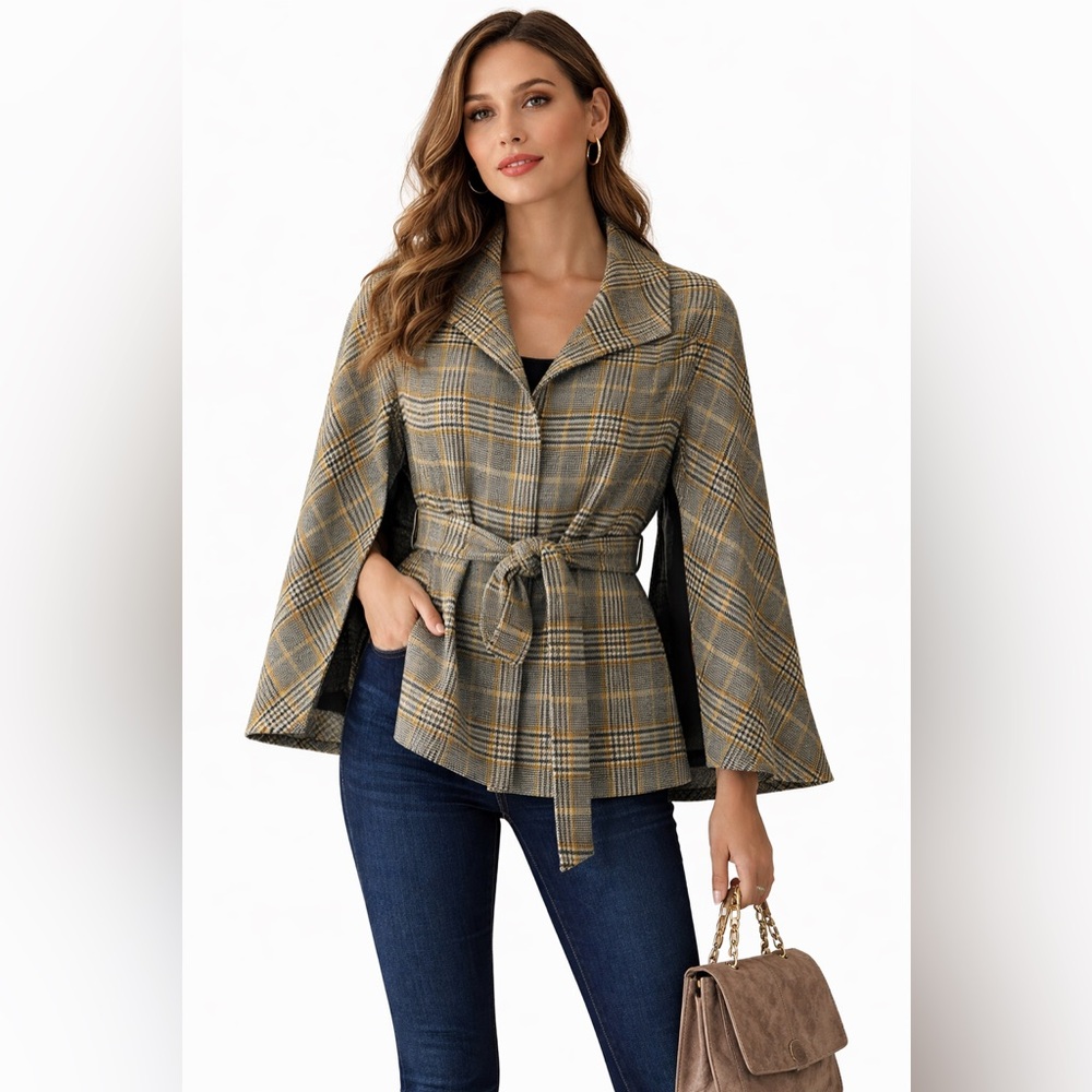 New York & Company Plaid Cape Jacket XS NWT Belted Chic Classic Layer Neutral